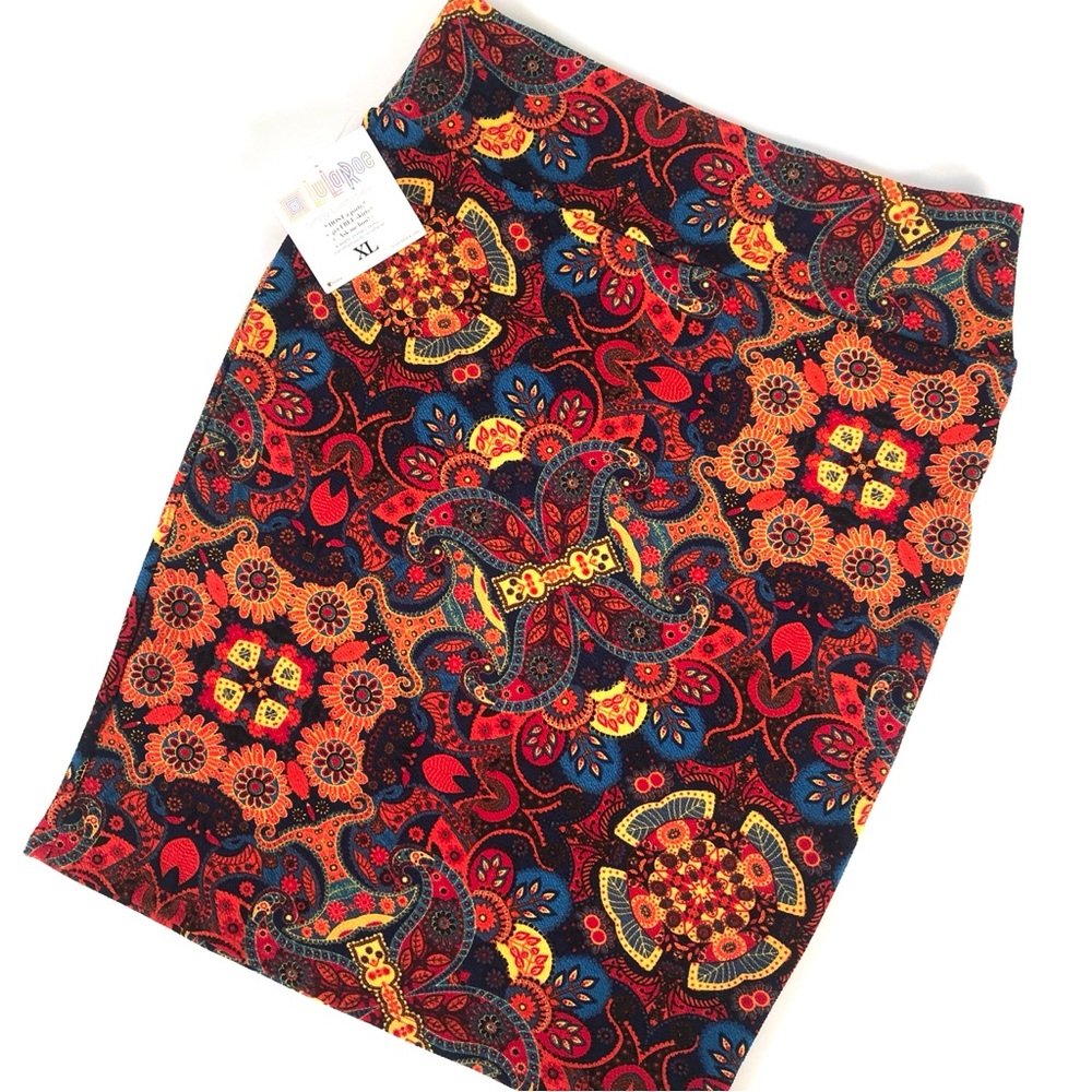 LuLaRoe XL Cassie Pencil Skirt Bright Floral & Paisley Knee Length New W/ Tags